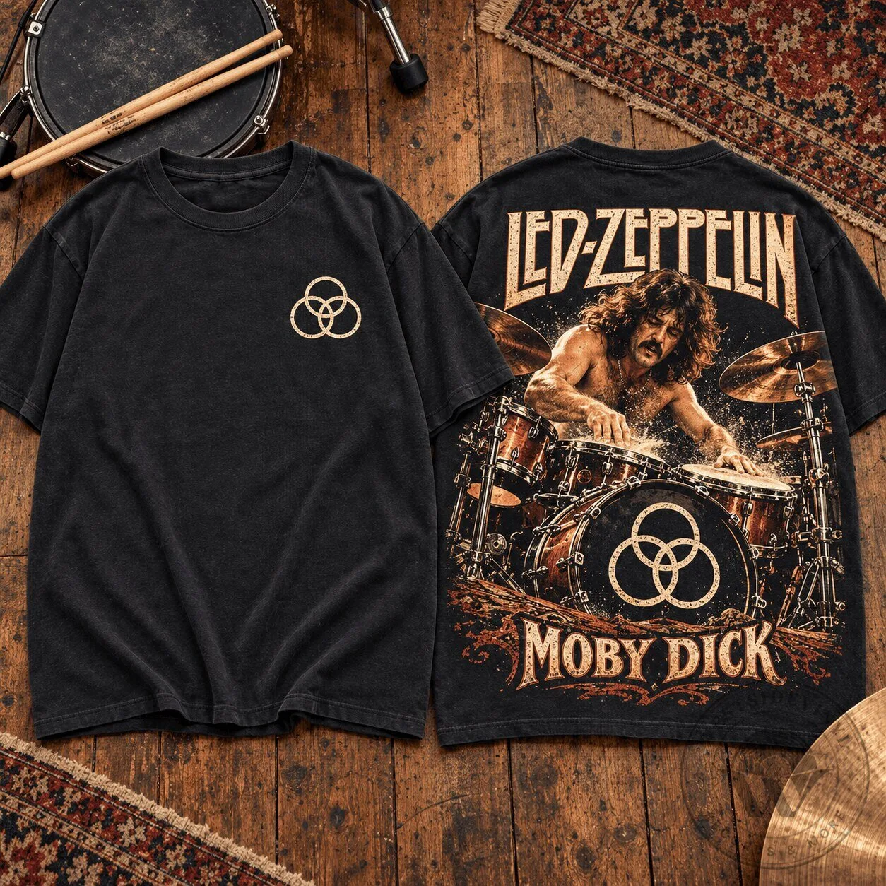 Vintage Black Graphic Tee featuring John Bonham and Led Zeppelin's Moby Dick Drummer Design
