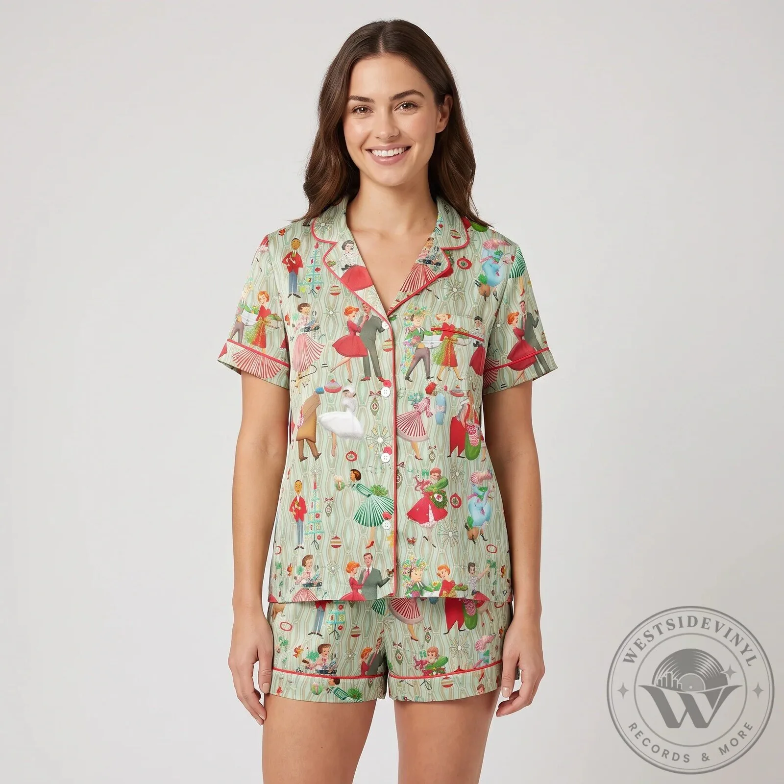 Vintage Christmas Dancing Figures Women's Short Sleeve Pajama Set