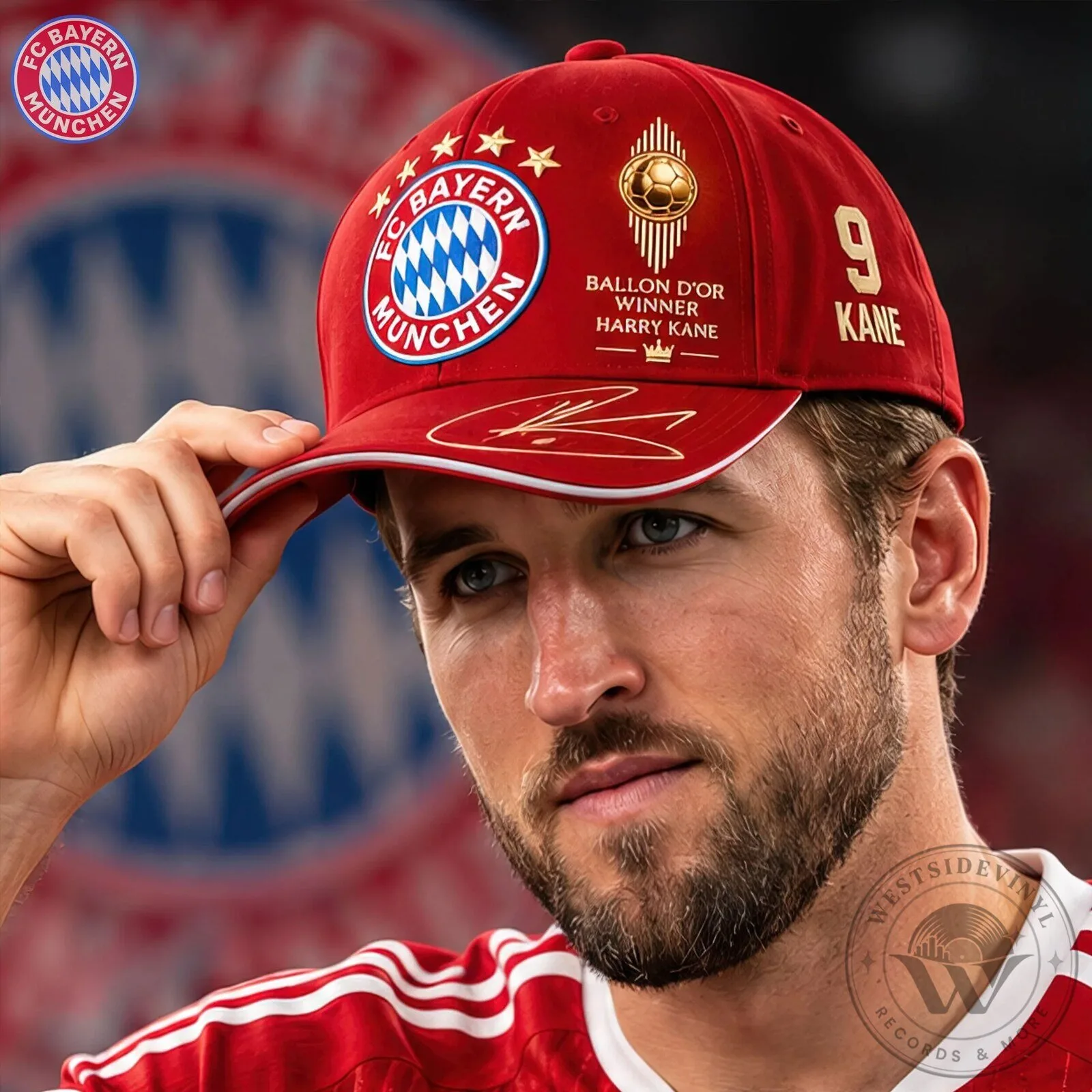 Red Baseball Cap Hat for Harry Kane, FC Bayern Munich Ballon d'Or Champion 8 Red Baseball Cap Hat for Harry Kane, FC Bayern Munich Ballon d