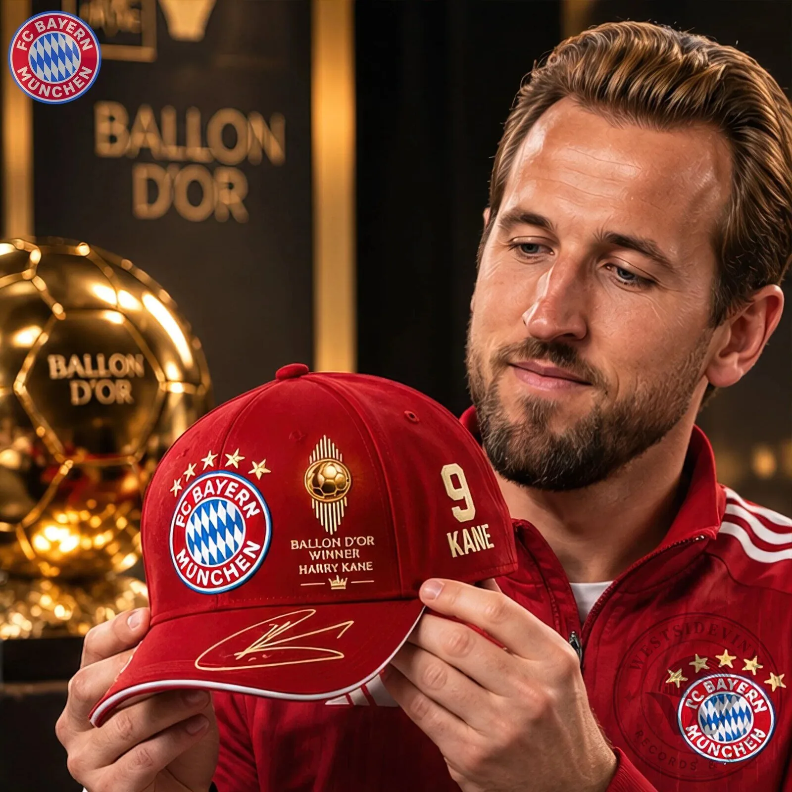 Red Baseball Cap Hat for Harry Kane, FC Bayern Munich Ballon d'Or Champion 9 Red Baseball Cap Hat for Harry Kane, FC Bayern Munich Ballon d