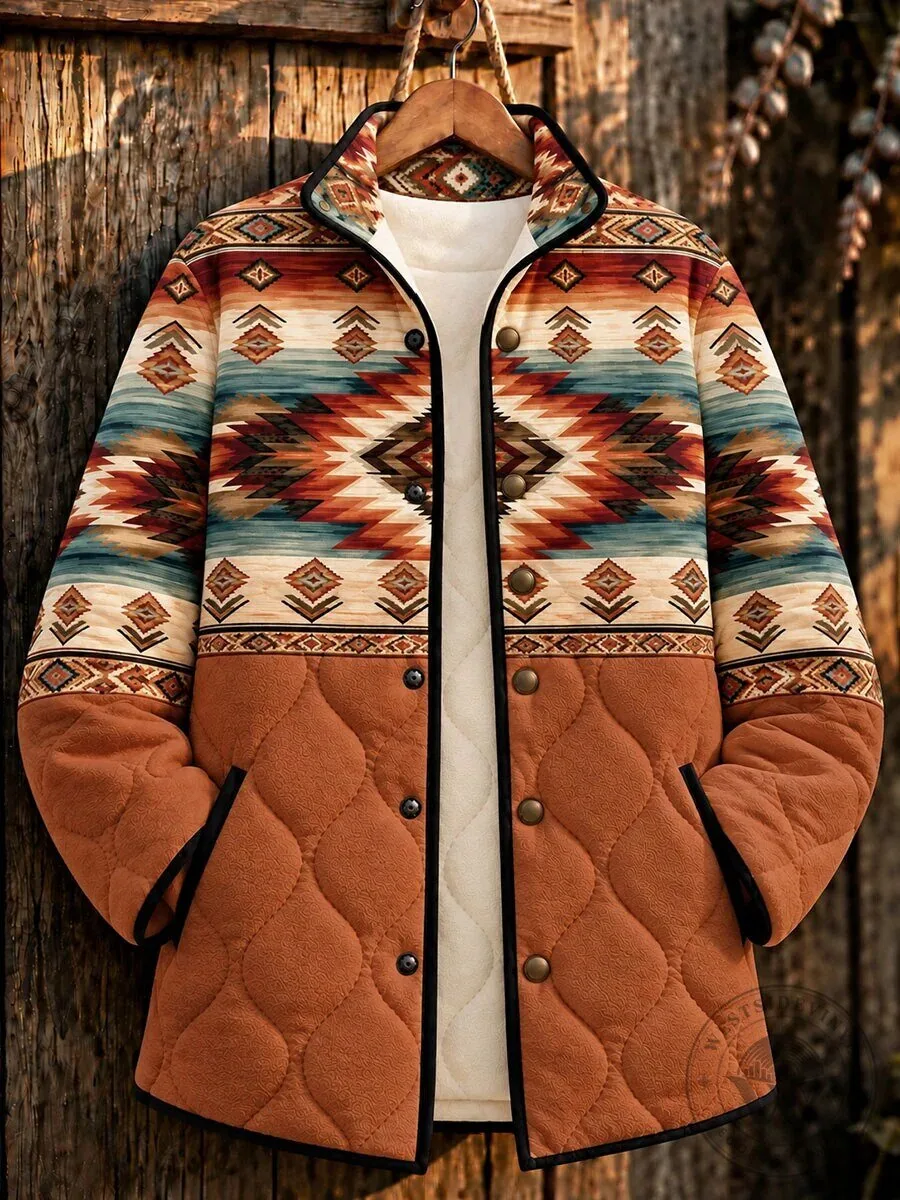 Women's Southwestern Geometric Art Quilted Snap Button Jacket