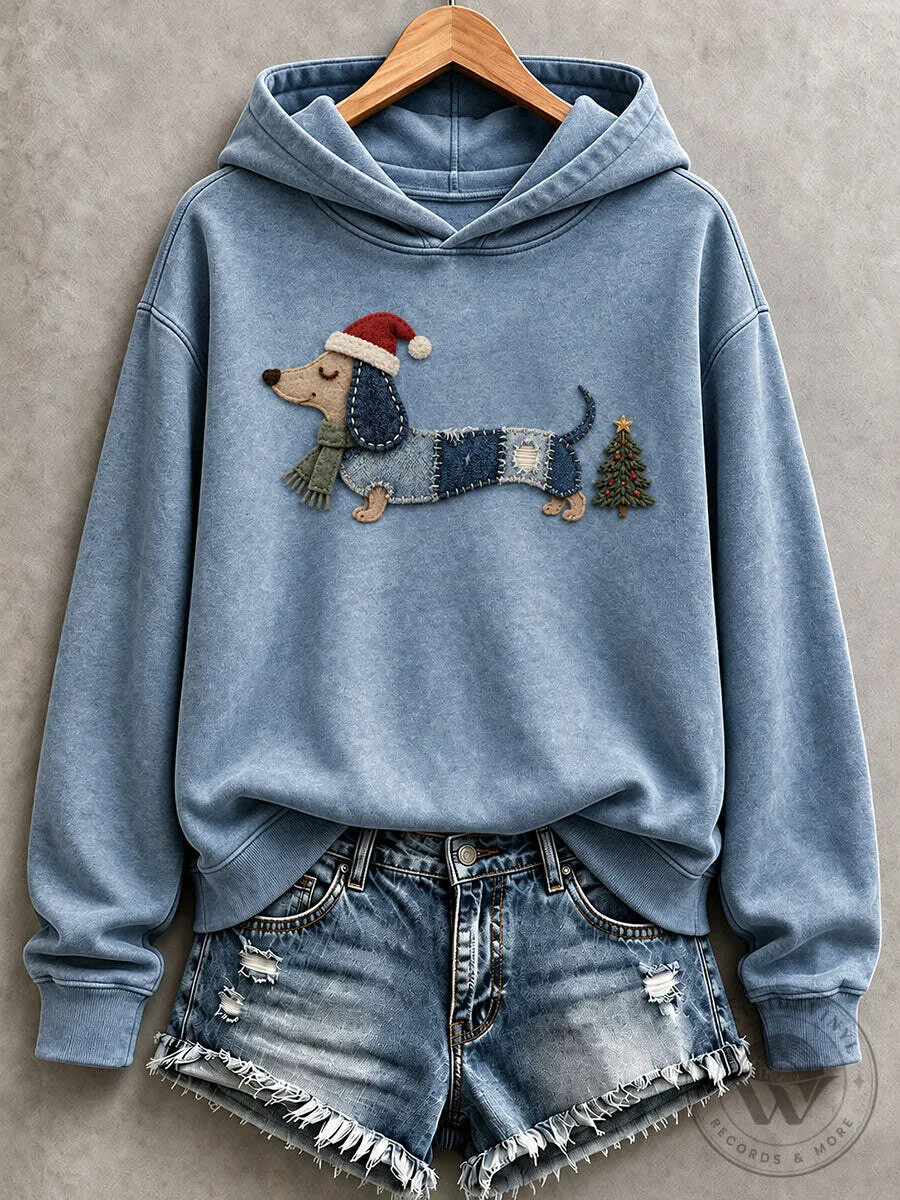 Christmas Dachshund Denim Patchwork Art Hoodie